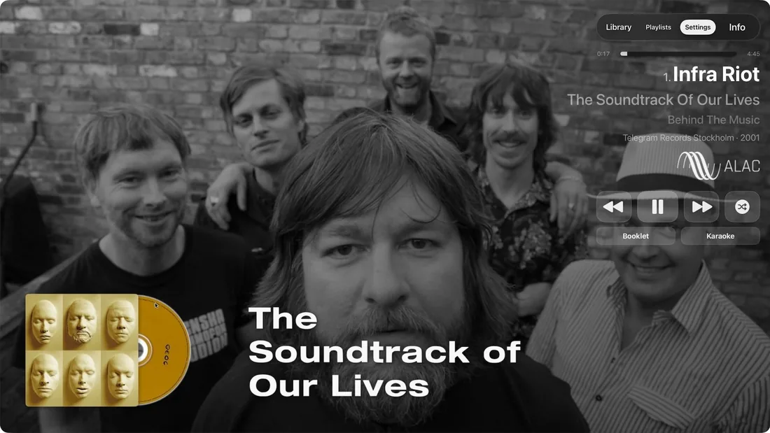 MusicCovered Apple TV Artist layout with a full-screen band photograph