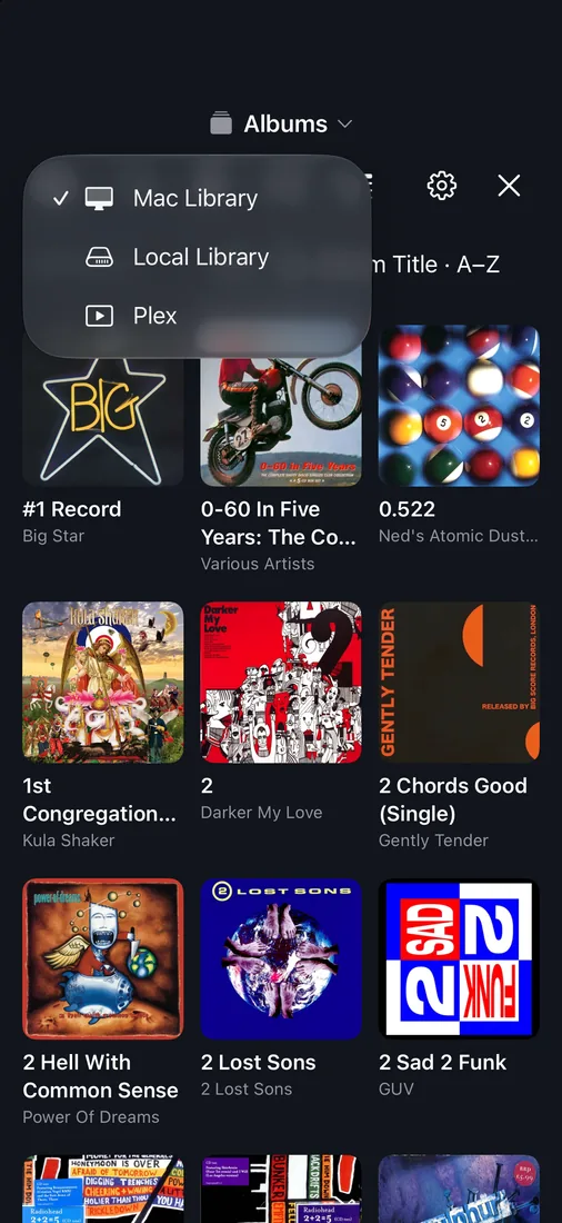 MusicCovered Mobile album grid with Mac, Local Library, and Plex sources on iPhone
