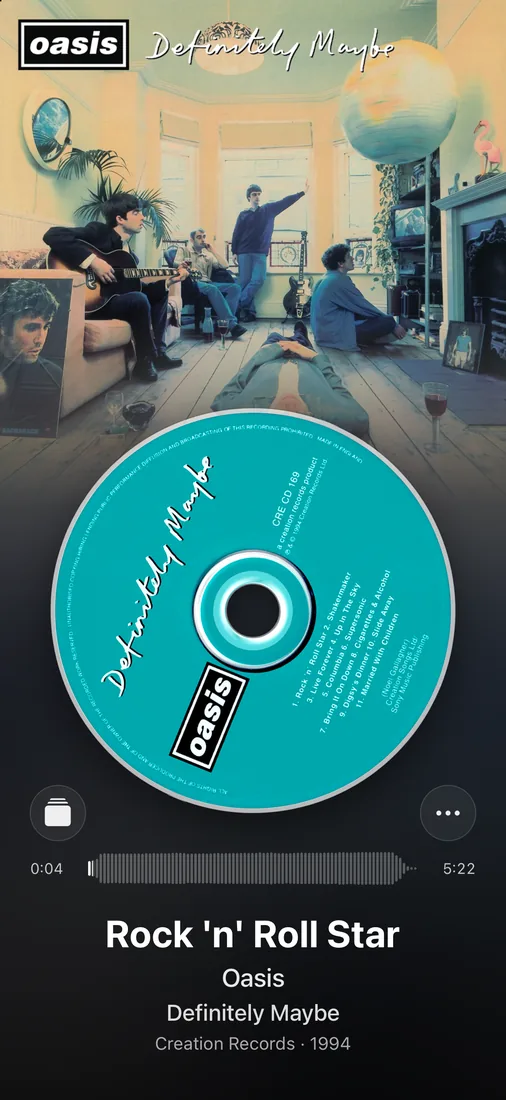 MusicCovered Mobile Immersive Layout playing Rock n Roll Star by Oasis on iPhone