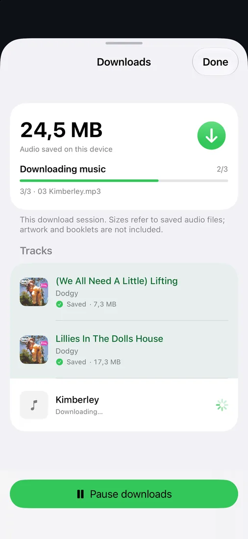 MusicCovered Mobile Downloads view showing saved tracks and download progress on iPhone