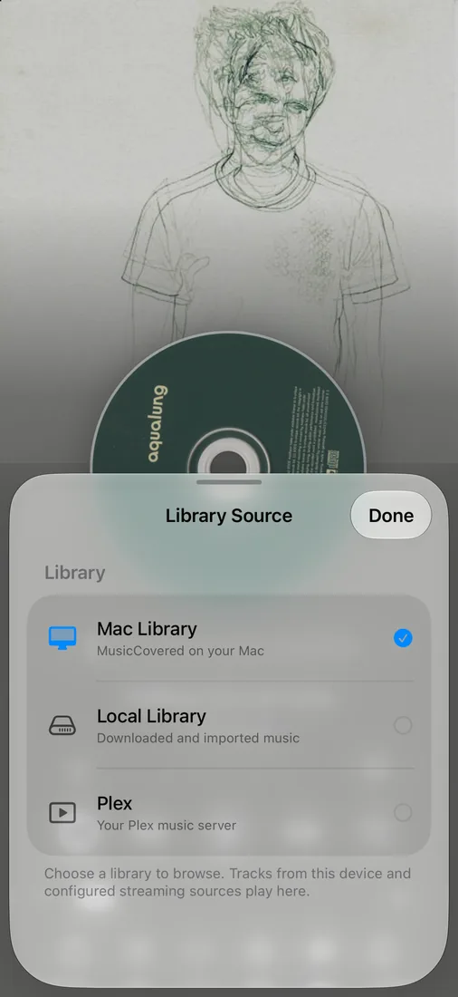 MusicCovered Mobile library source selector with Plex on iPhone