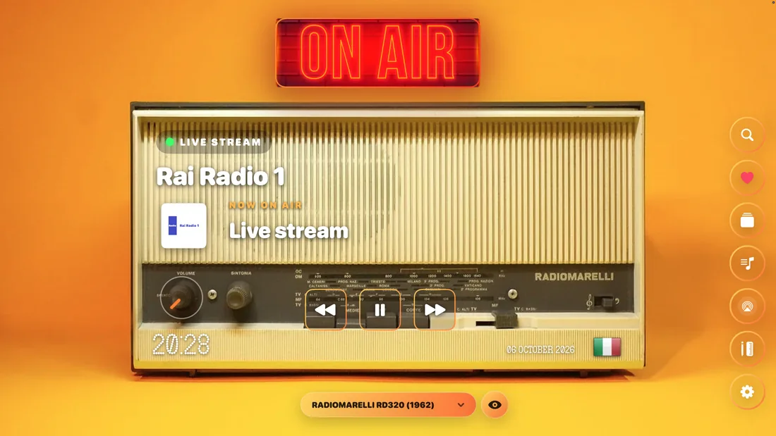 An imported golden radio photograph with MusicCovered controls positioned over its knobs and a live Rai Radio 1 stream