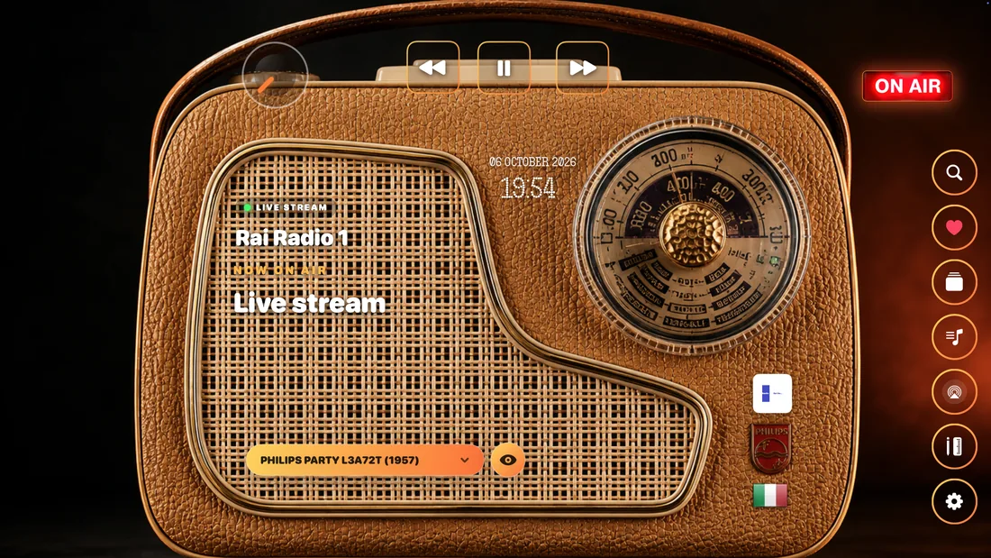 An imported portable radio photograph with MusicCovered volume and playback controls placed above the radio