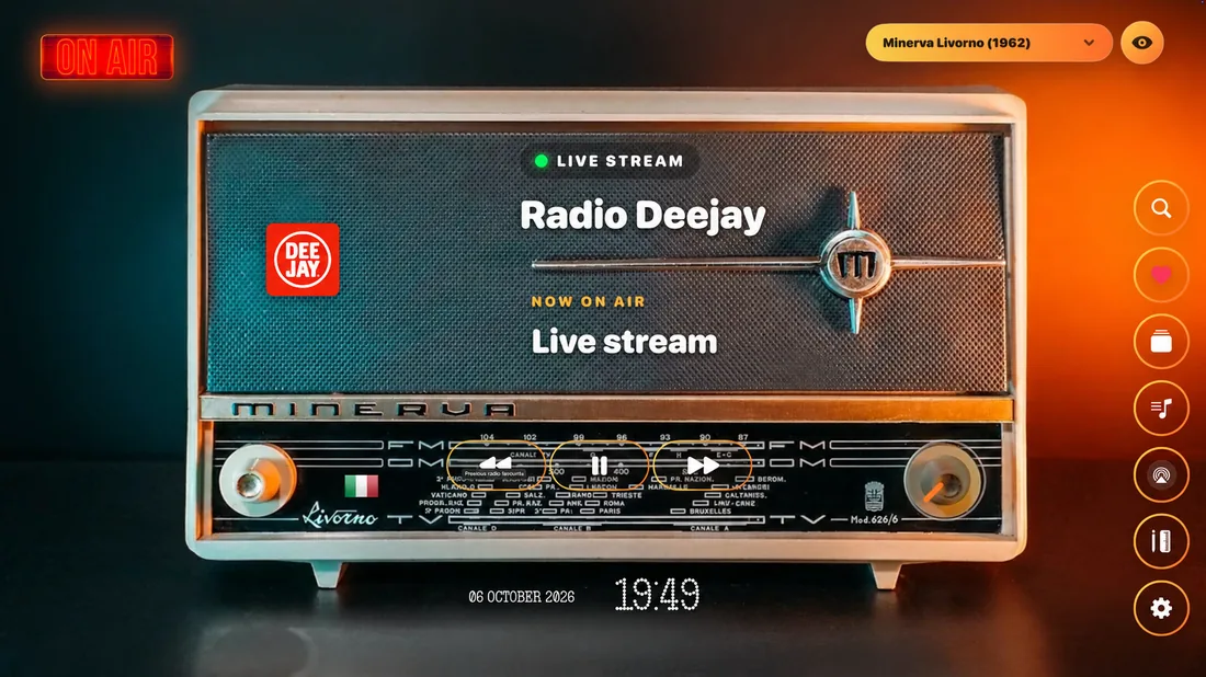 An imported tabletop radio photograph used as a MusicCovered background, with Radio Deejay information over the speaker