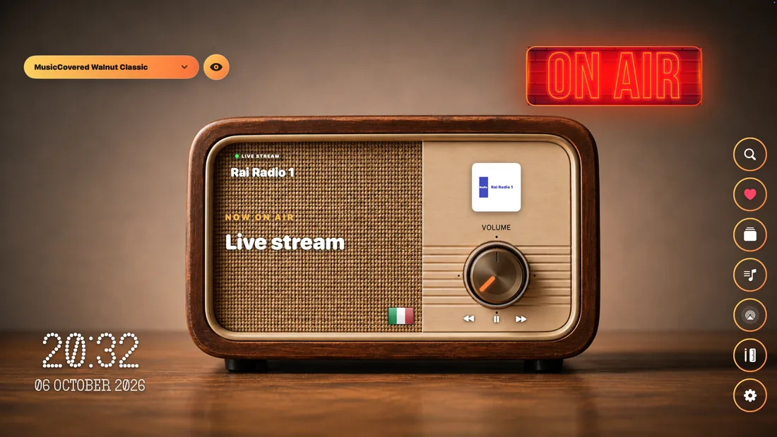 MusicCovered Natural Classic radio design playing Rai Radio 1 with controls arranged on a wooden radio