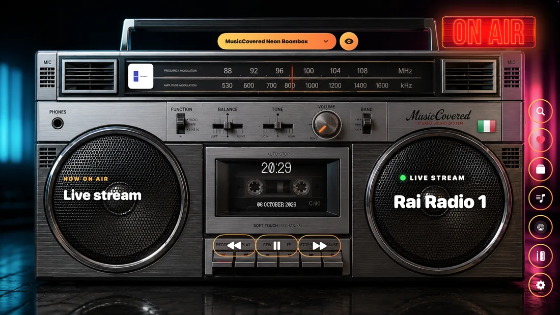 MusicCovered Neon Boombox design with twin speakers, a live Rai Radio 1 stream, and playback controls