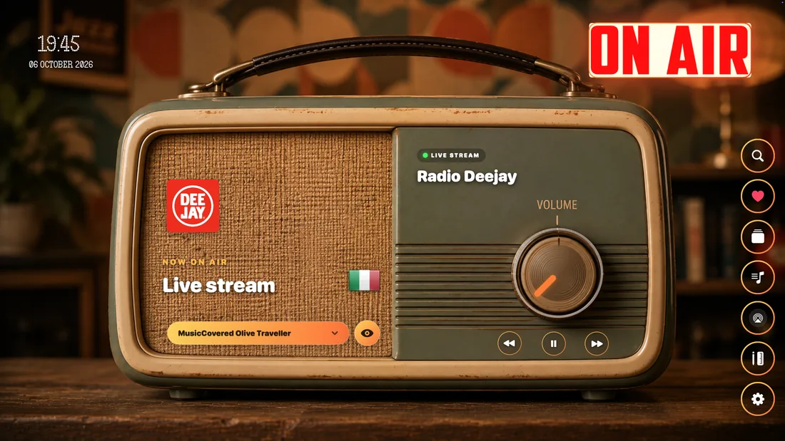 MusicCovered Vintage Traveller radio design playing Radio Deejay, with a volume knob and playback controls