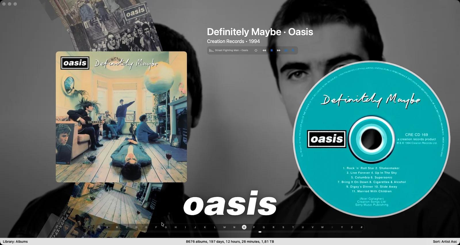 MusicCovered Vertical Arc interface playing Oasis