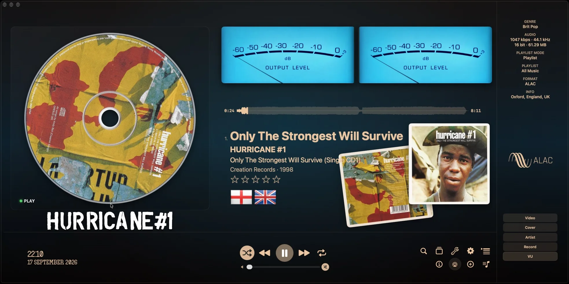 MusicCovered VU Meter interface playing Hurricane