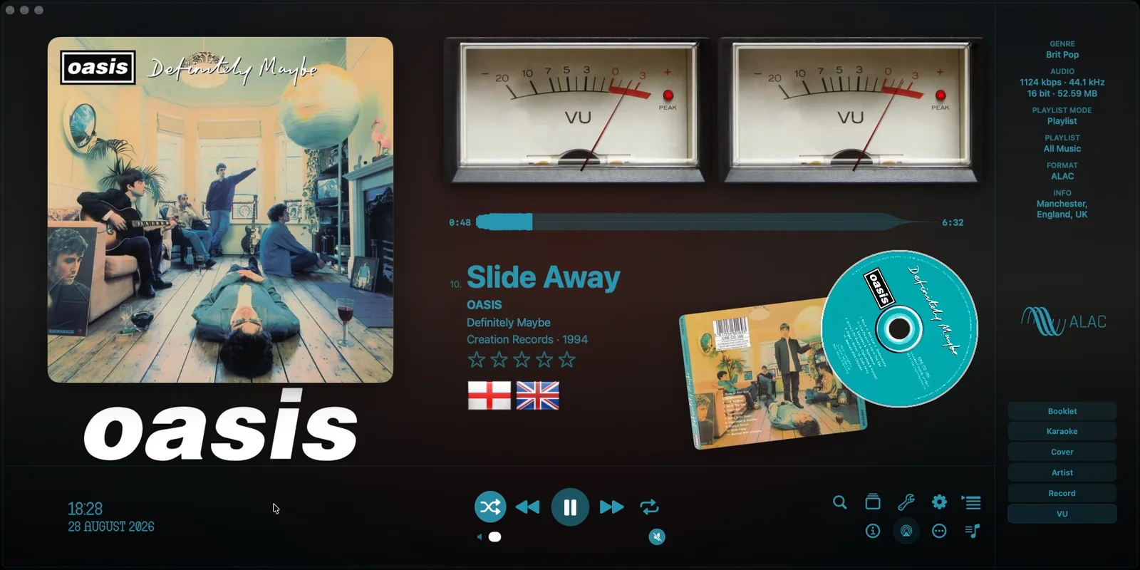 MusicCovered VU Meter interface playing Oasis