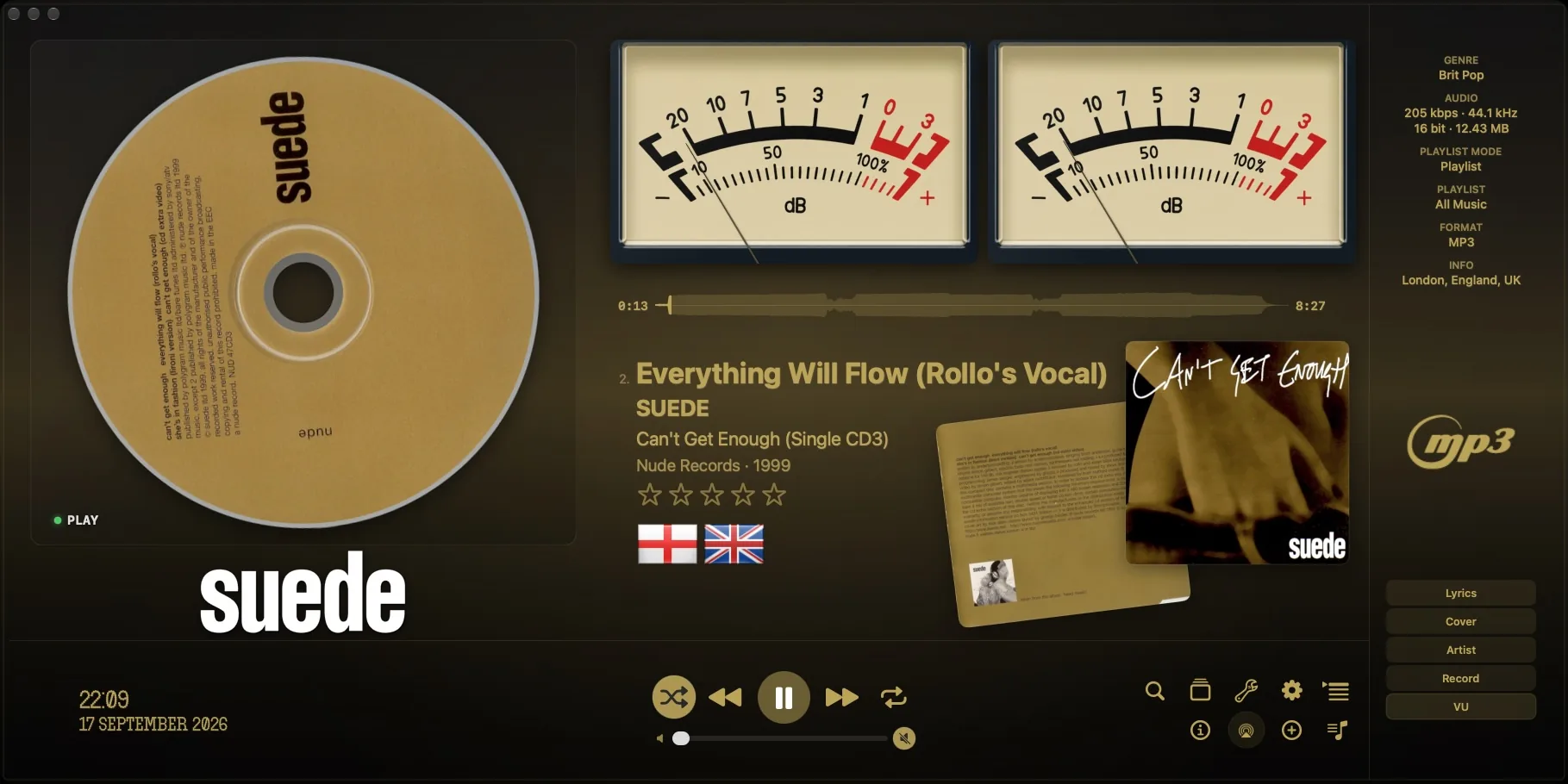 MusicCovered VU Meter interface playing Suede